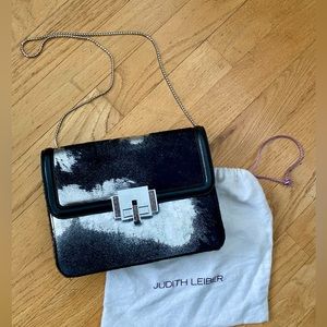 Authentic Judith Leiber black and metallic silver handbag, removable chain